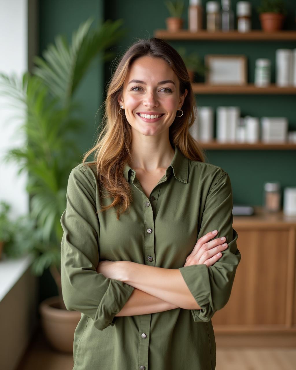 Friendly pharmacist helping a customer at a modern pharmacy counter